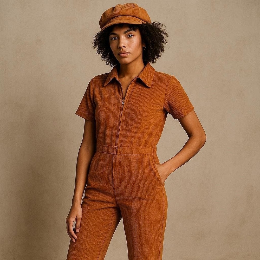 Burnt Orange Short Sleeve Jumpsuit M Corduroy 70s Retro Workwear Chic  Earthcore